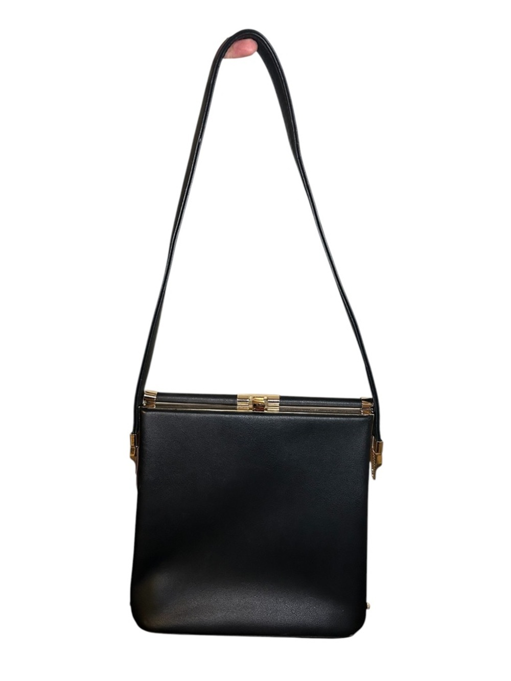 Minimalist and sleek Black Top-Handle Shoulder Bag with Gold Hardware - Picture 3 of 16